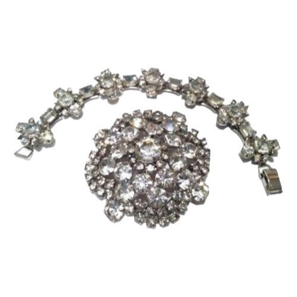 Old Glamour Jewelry Set Ice Diamond Rhinestones Link Bracelet and Brooch Set - Picture 1 of 5